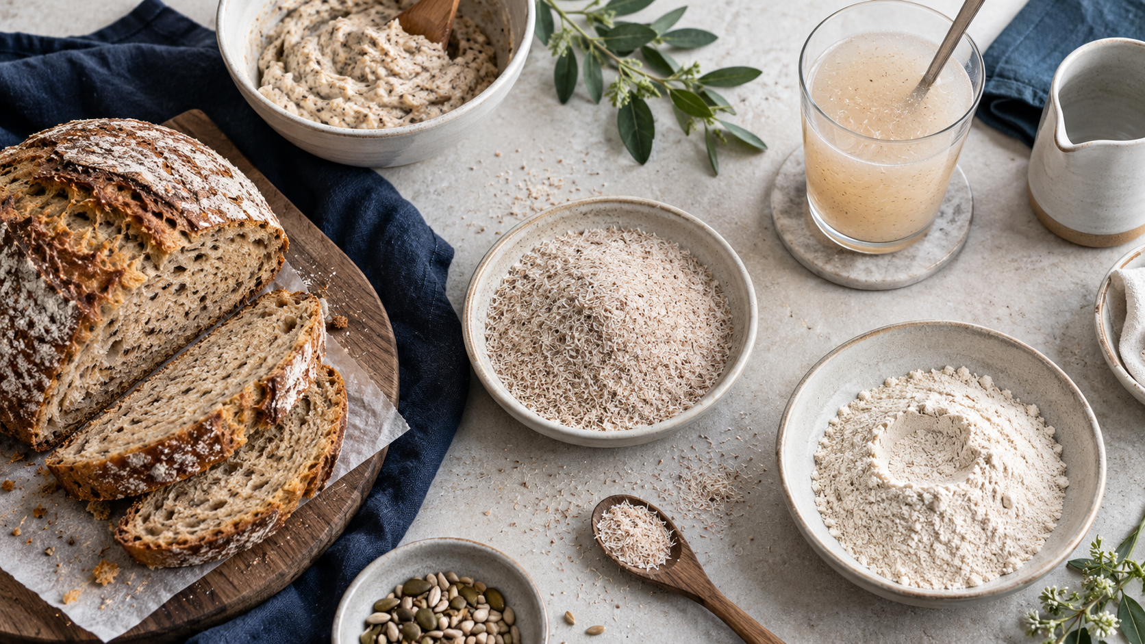 Systler psyllium specification graphic highlighting form, particle size and function, with product containers and a processing background.