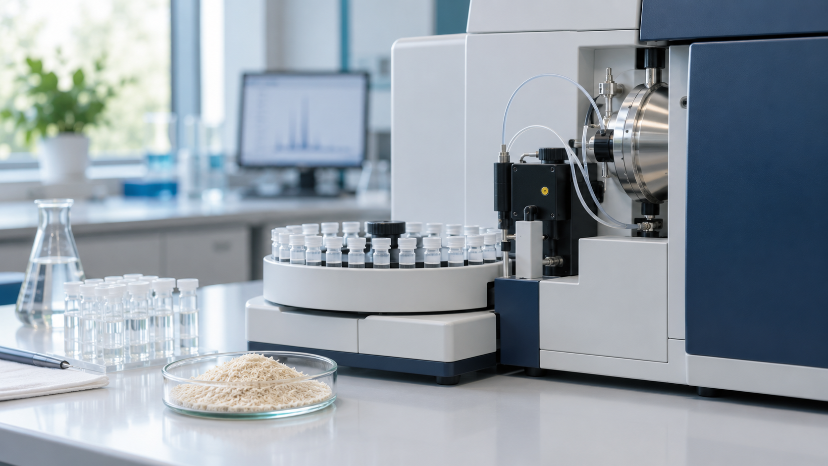 Systler psyllium testing banner showing Pb, As, Cd and Hg with a laboratory illustration.