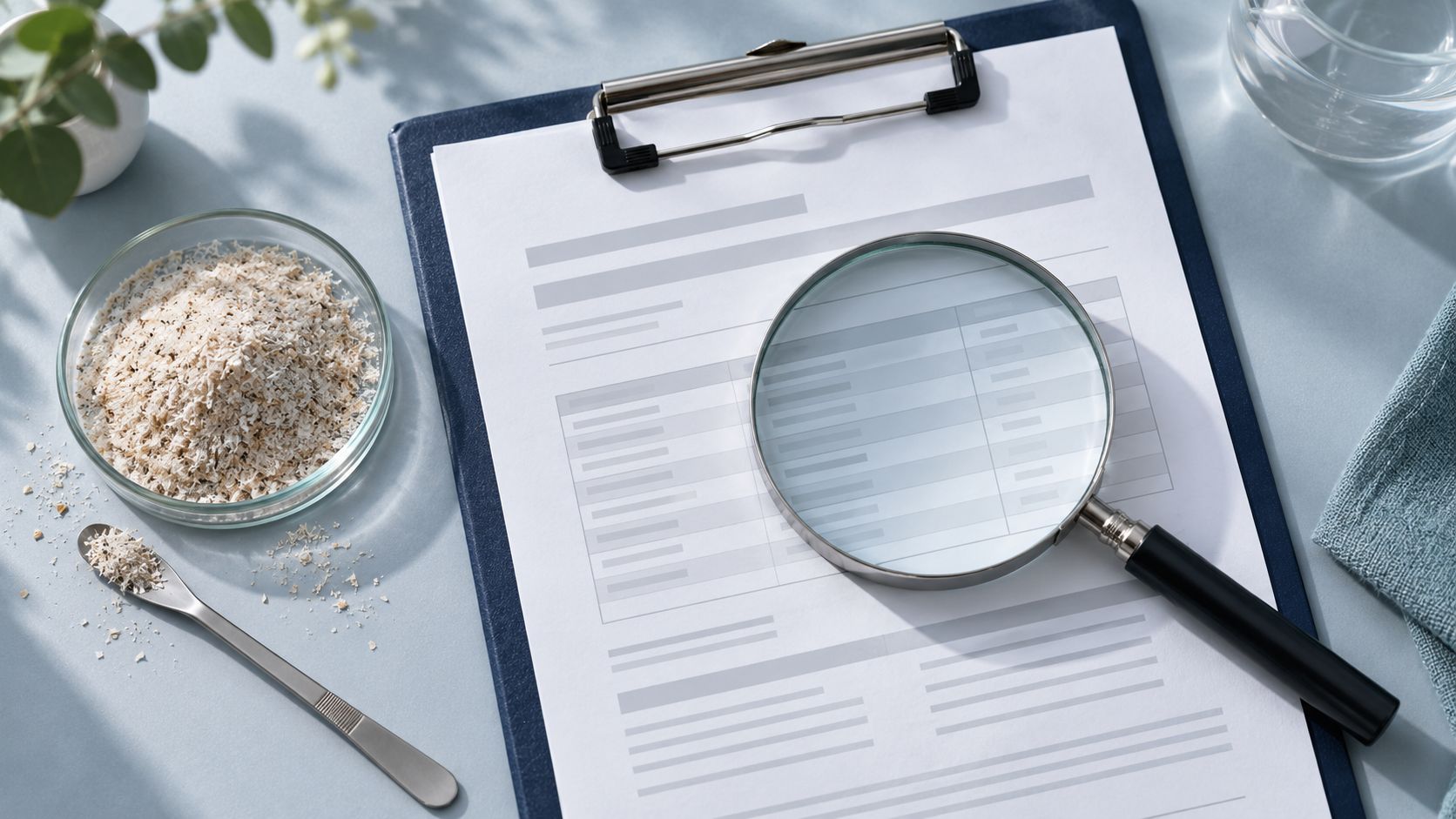 Systler psyllium COA review checklist: product and lot, specification, result and method