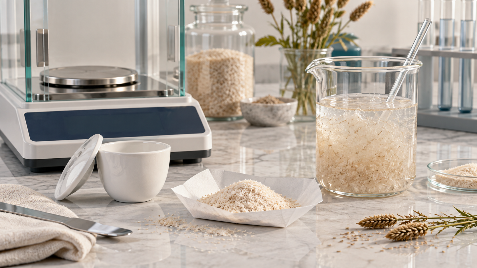 Systler psyllium quality banner showing moisture, ash, purity and swelling alongside product and laboratory artwork.