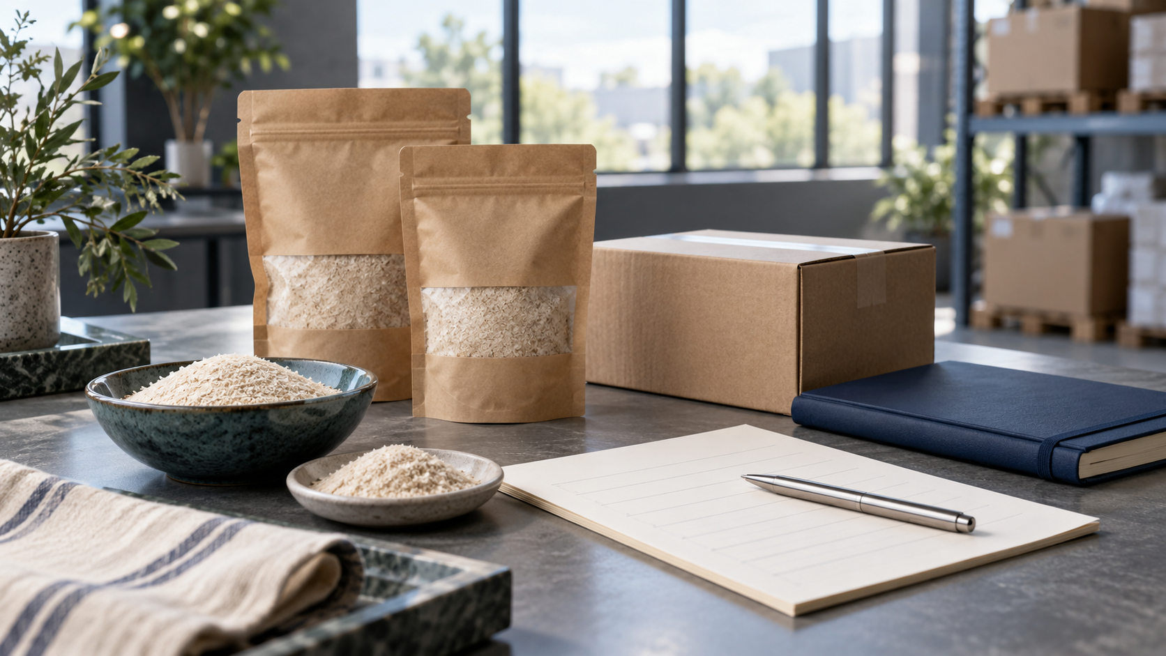 Systler psyllium RFQ checklist covering form, purity, particle size, testing, quantity, packing and delivery terms, beside product containers.